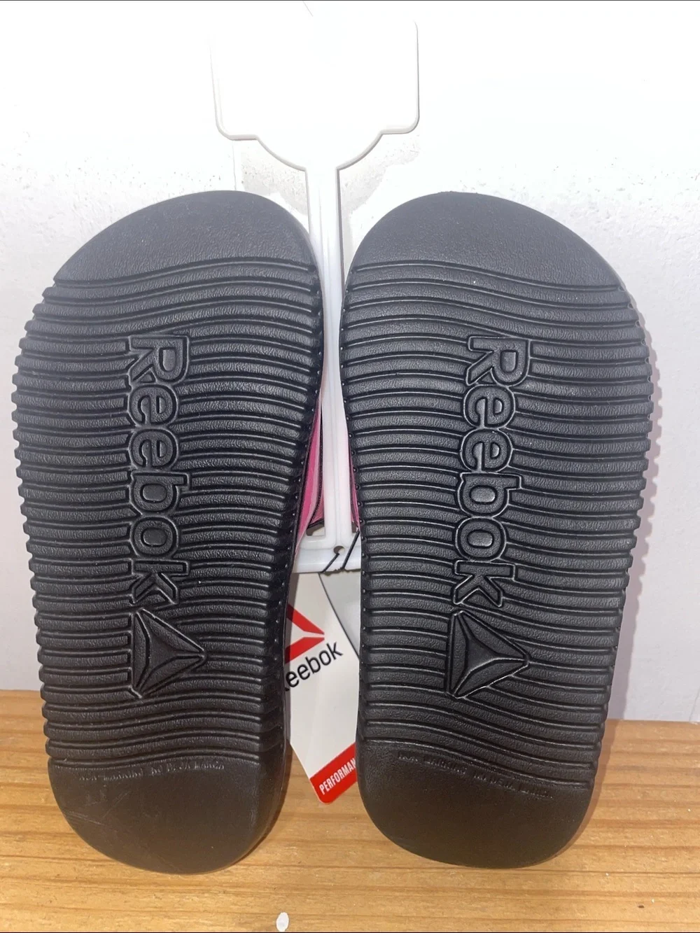 Reebok Pink Glitter Slide Sandals with Black Footbed
